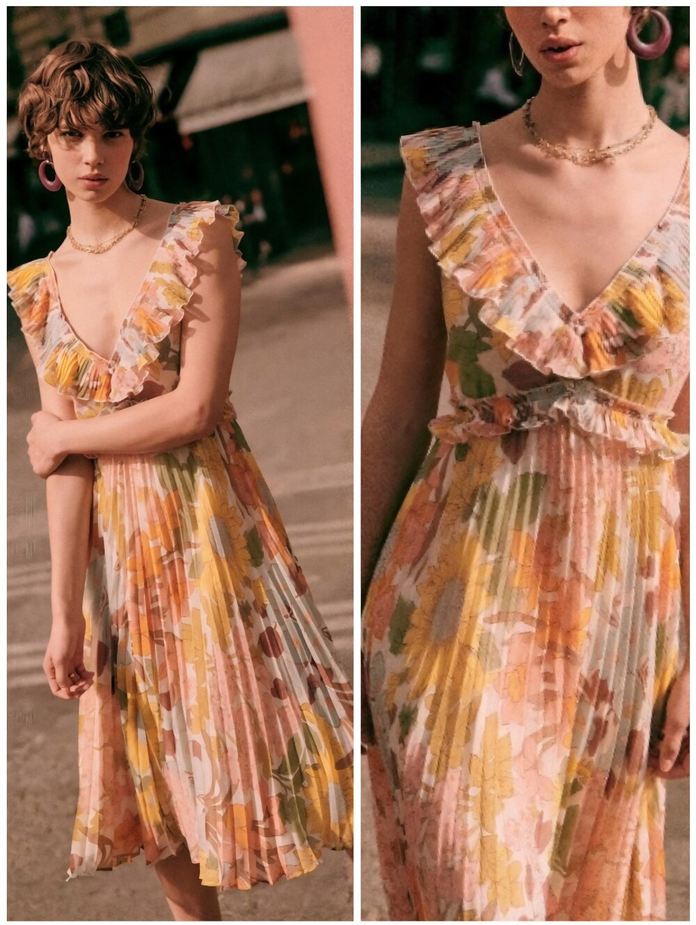 Sézane Floral Pleated Ruffle Pink Yellow Rachelle Dress, 6